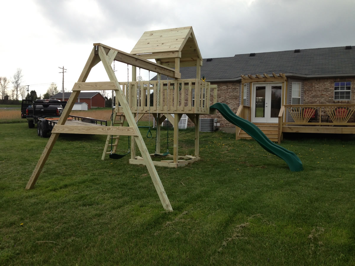 Tall 5x8 playset with 2 belt swings